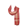Red cotton gamcha towel with yellow border, draped around the neck like a scarf.