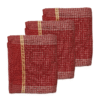 Set of three folded red cotton gamcha towels with checked design.