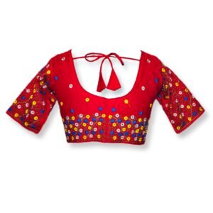 Red butter cotton blouse with multicolor floral embroidery and deep back tie-up – Weavora