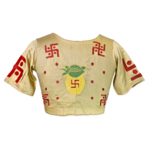 Traditional women&rsquo;s cotton blouse with Swastik and Kalash embroidery &ndash; back view