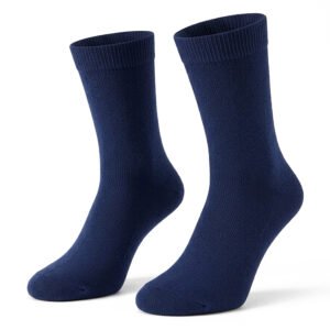 Pair of navy-blue cotton crew socks with ribbed cuff, soft fabric for daily wear comfort