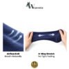 Navy blue cotton socks showing breathable airflow knit texture and 4-way stretch flexibility in hands