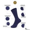 Navy blue cotton socks infographic showing breathable knit, cushioned sole, seamless toe, stretch fit features
